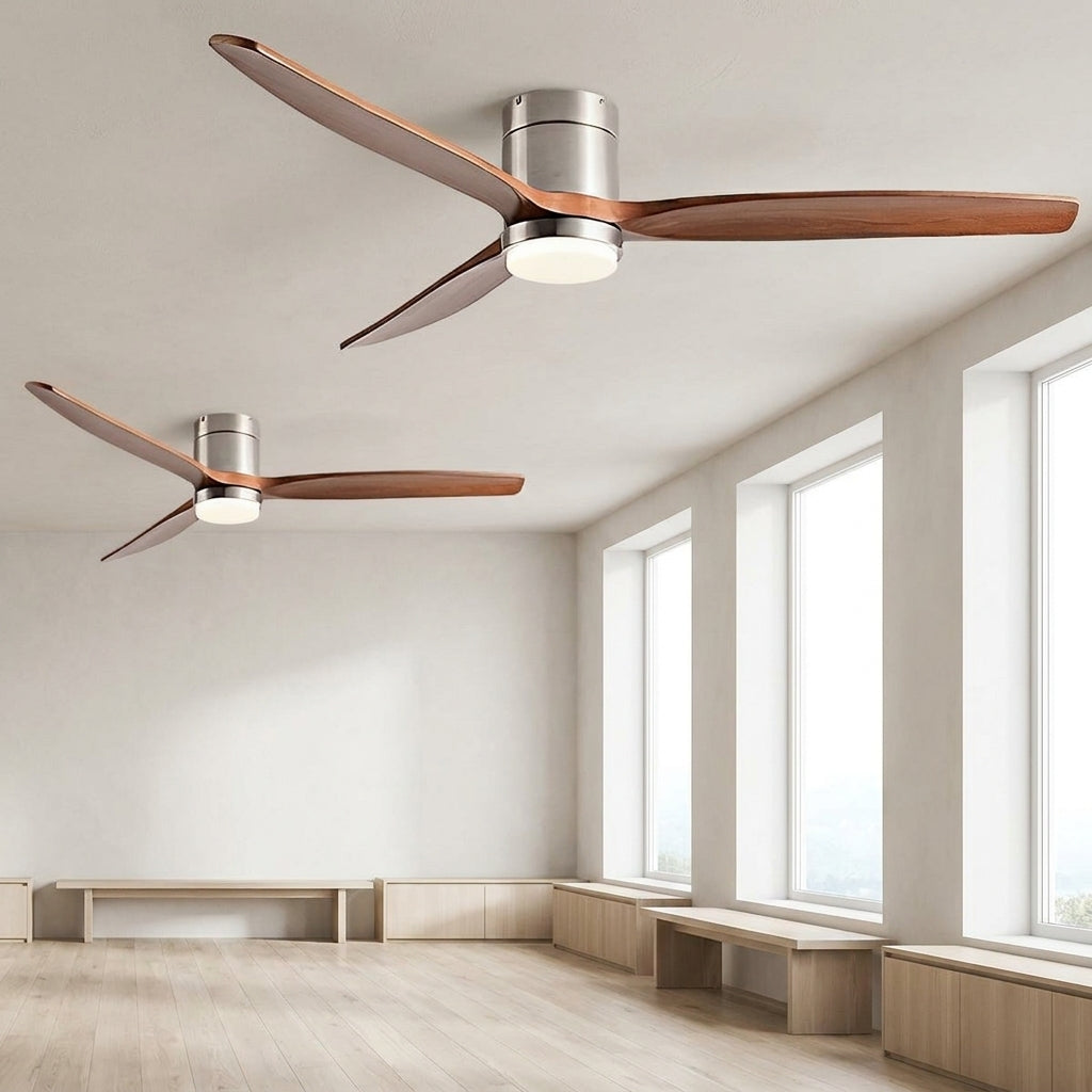 Walnut & Wood Tone Ceiling Fan with Light – two fans mounted in a bright room