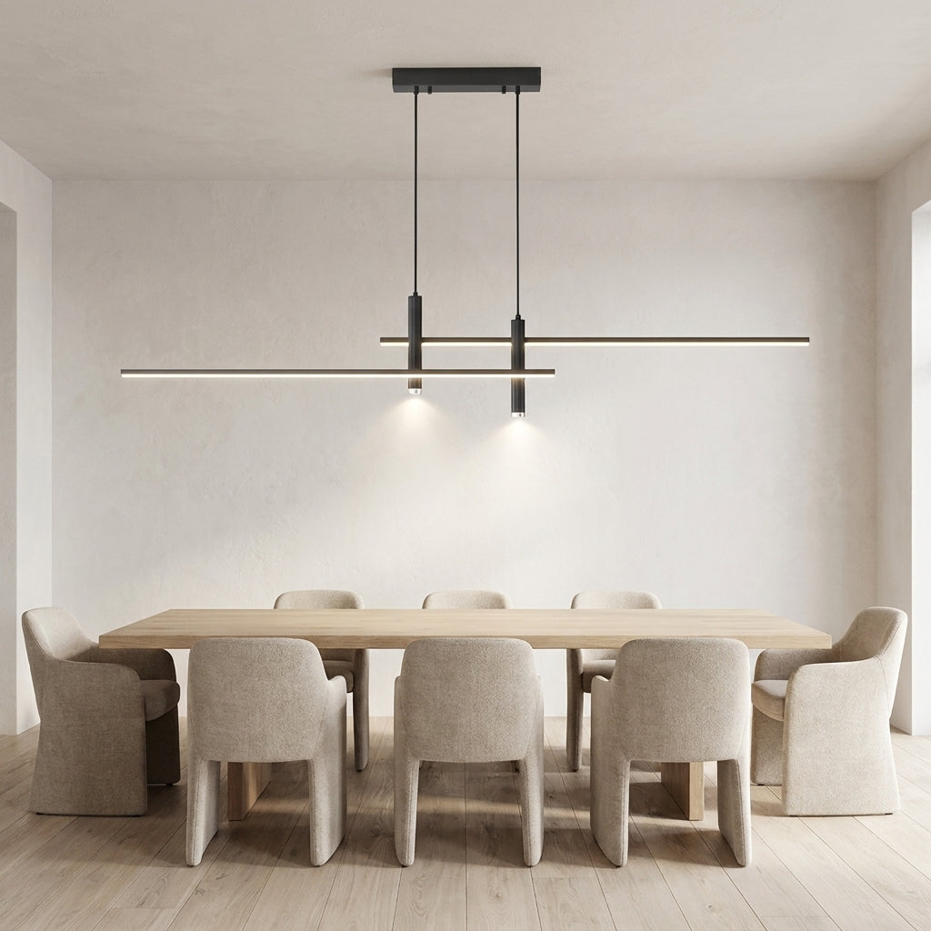 Linear LED Pendant Light – hung above a dining table with chairs