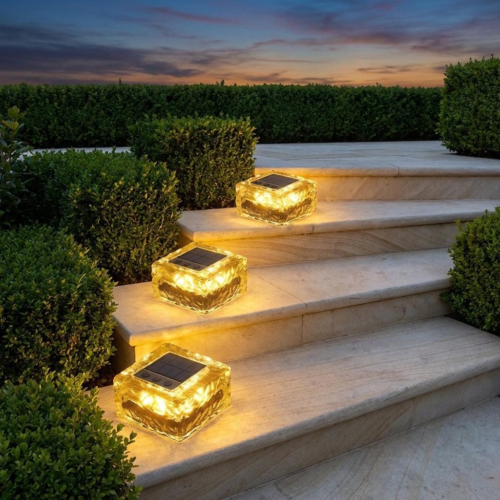 Solar Ice Brick Garden Lights – lit on outdoor stone steps at dusk