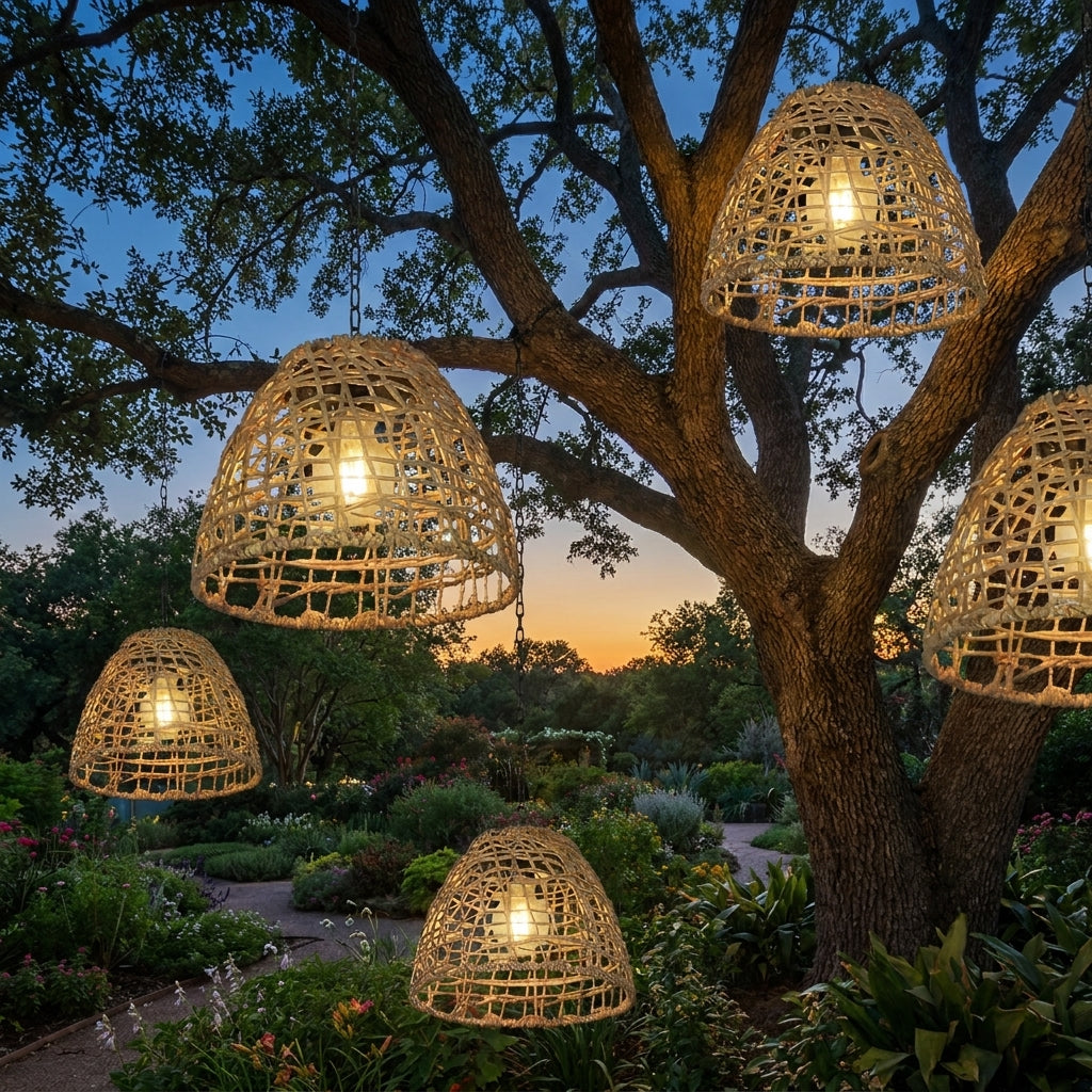 Solar Bell Outdoor Pendant Lantern – lit hanging from a tree at dusk