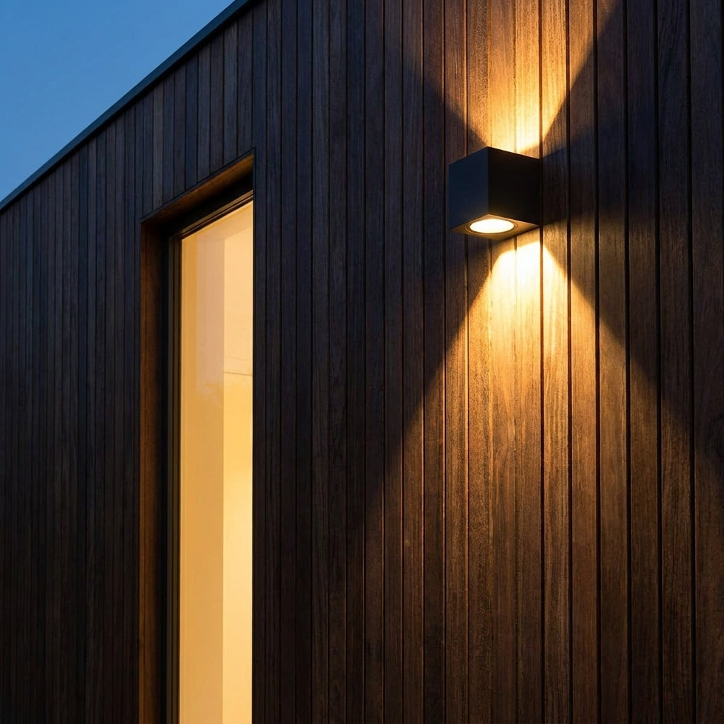 Square Outdoor Up & Down Wall Light – mounted on wood cladding beside a window