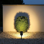 Solar LED Landscape Spotlight – uplighting a shrub against a wall at night