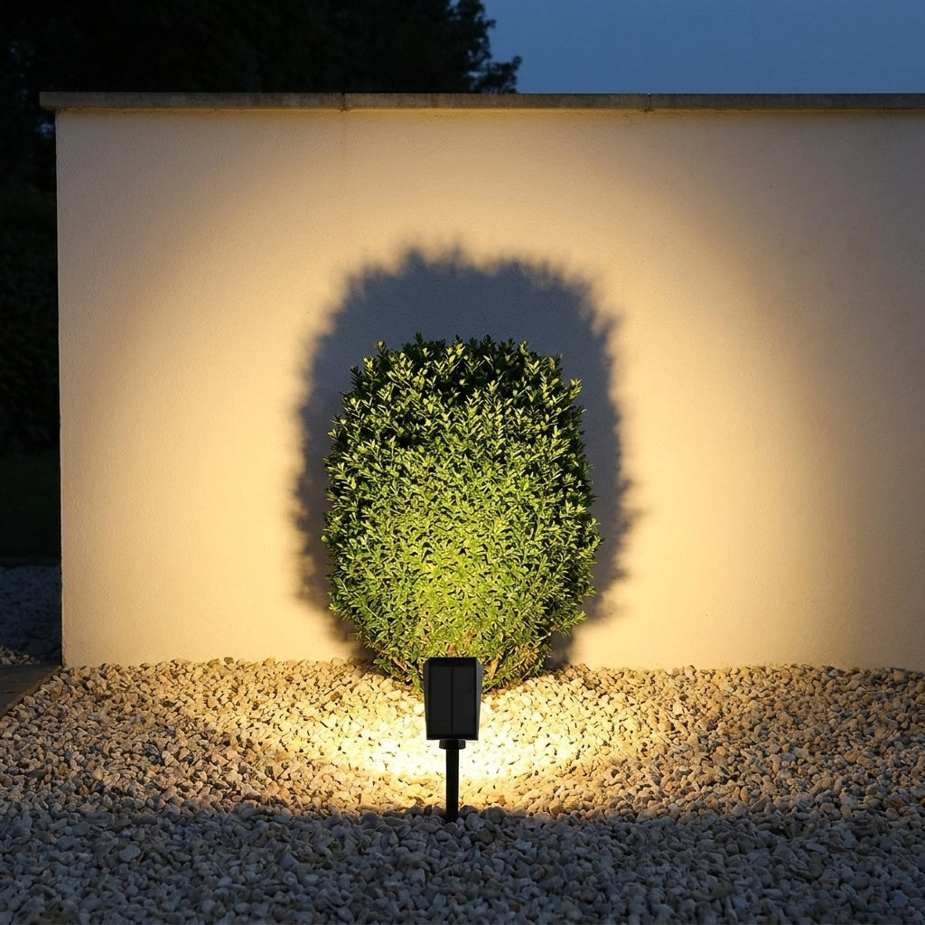 Solar LED Landscape Spotlight – uplighting a shrub against a wall at night