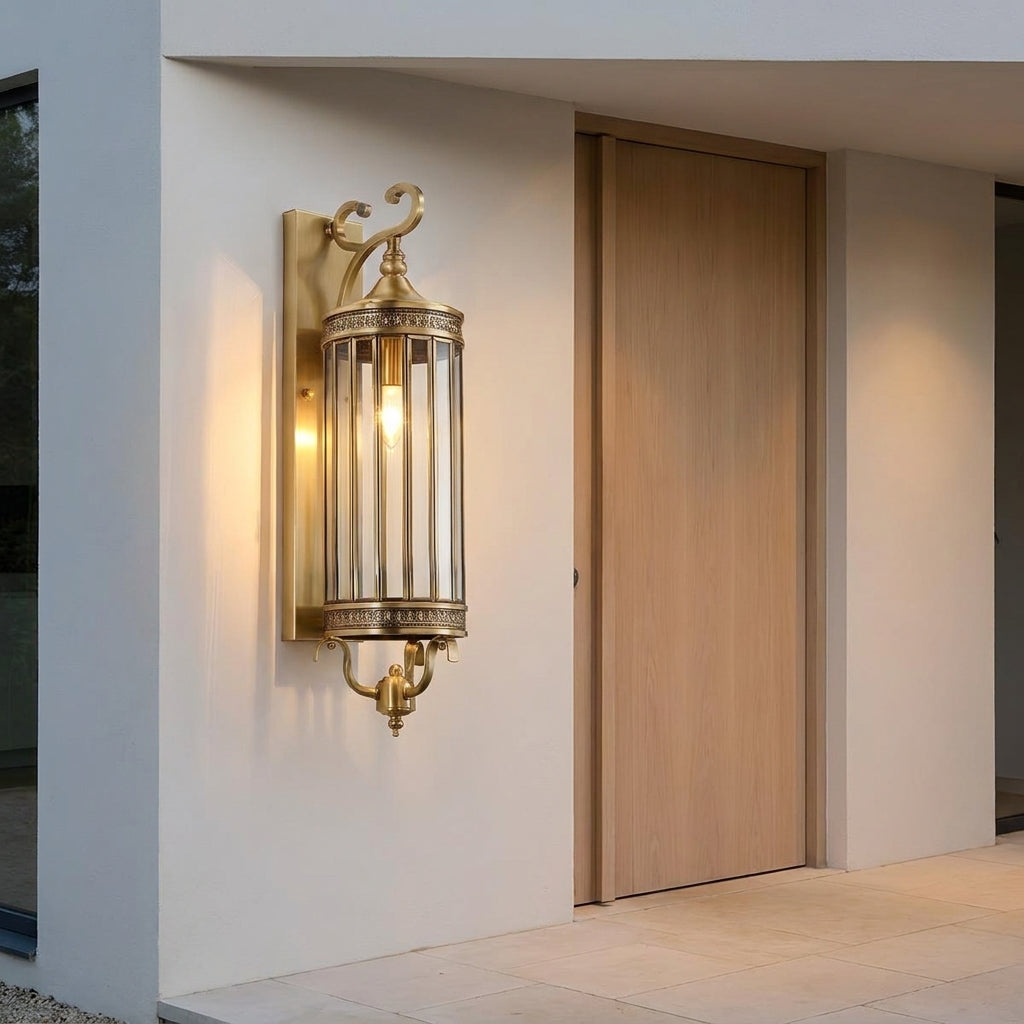 Mid Century Copper Outdoor Wall Lantern – mounted beside a front door at dusk