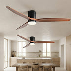 Walnut & Wood Tone Ceiling Fan with Light – two fans with black motors over a table