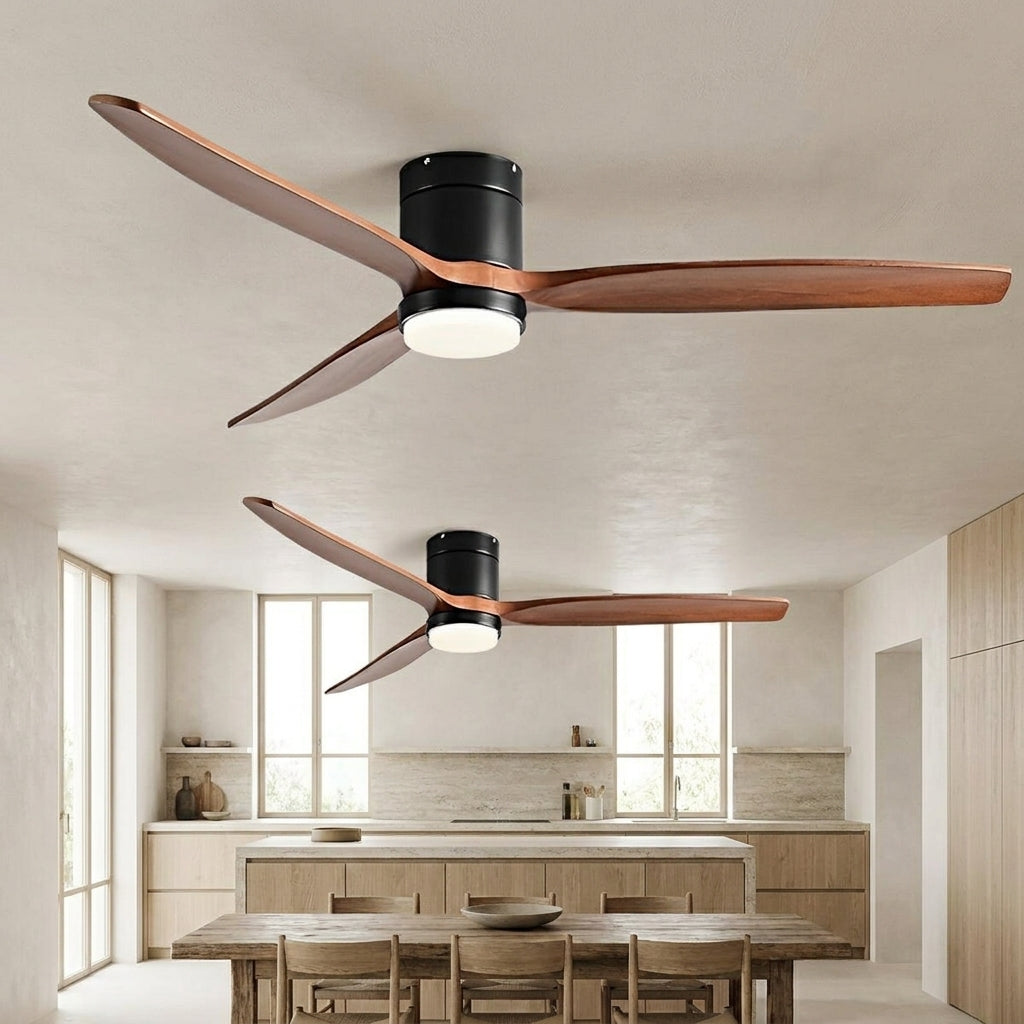 Walnut & Wood Tone Ceiling Fan with Light – two fans with black motors over a table