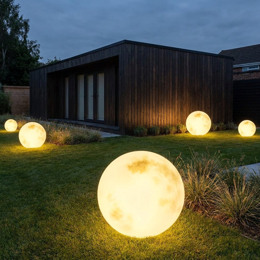 Solar Moon Ball Garden Lights – four moon lights glowing in a garden