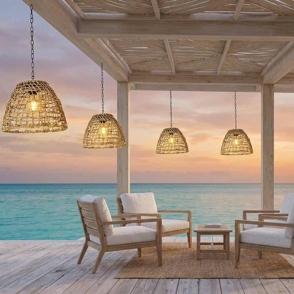 Solar Bell Outdoor Pendant Lantern – lit hanging under a beachside pergola at sunset