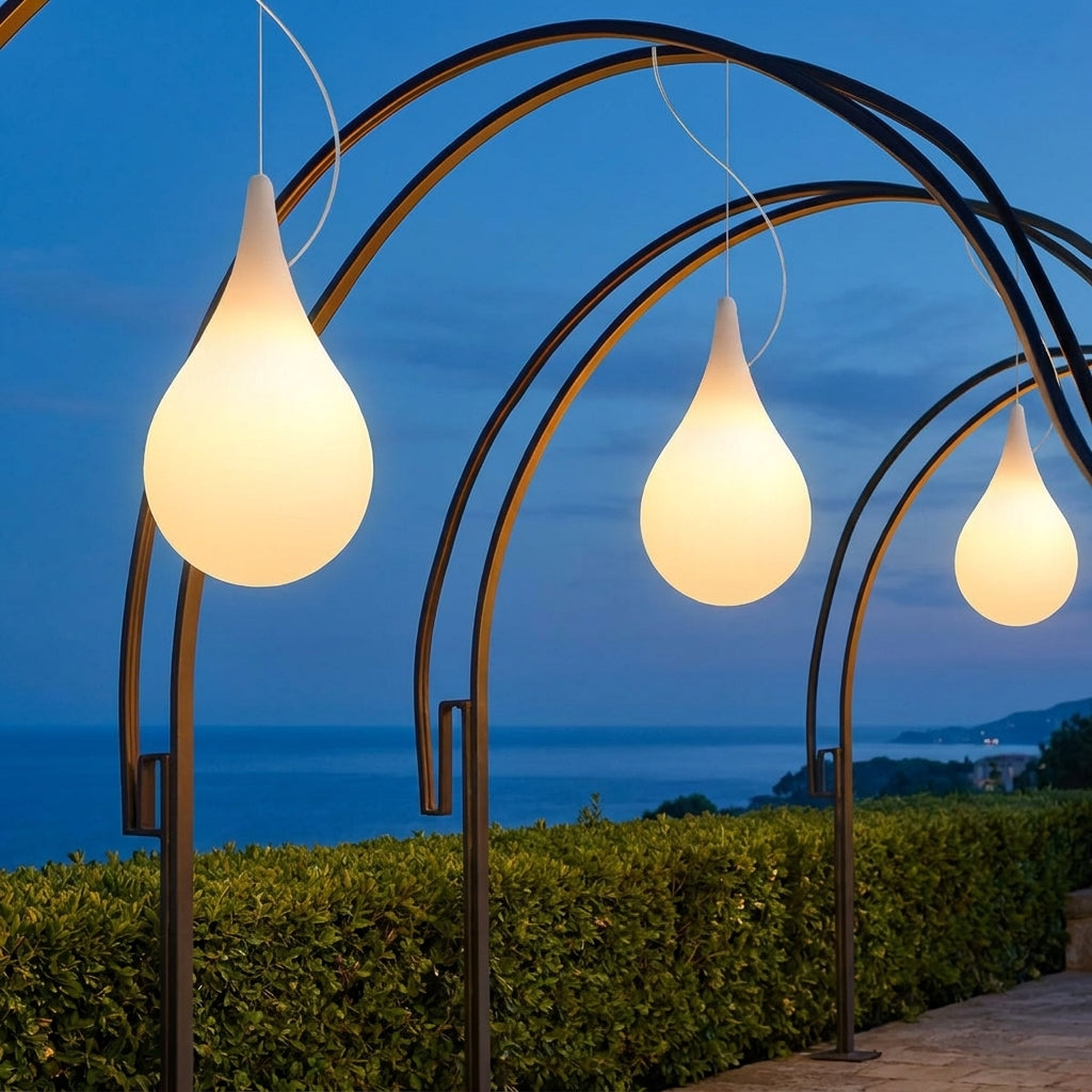 Water Drop Outdoor Pendant Light – three pendants hanging from wooden garden arches