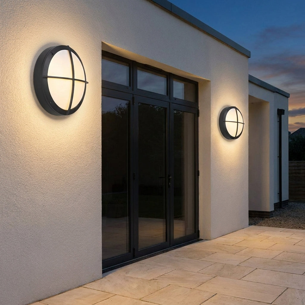 Round Outdoor LED Porch Wall Light – two fittings lit either side of patio doors