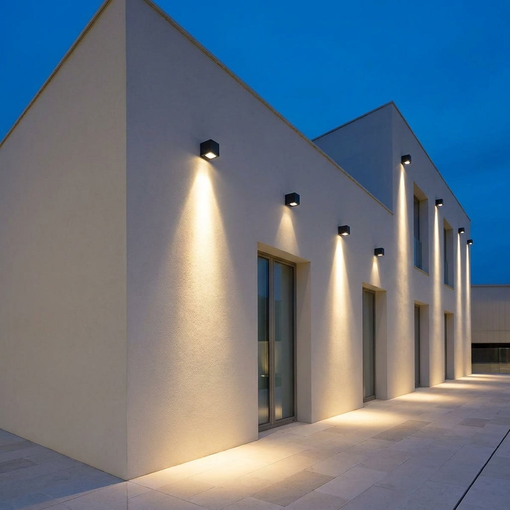 IP65 Outdoor LED Waterfall Wall Light – building exterior with wall-mounted uplights at dusk