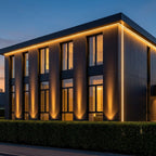 High Output Outdoor LED Spotlight – modern house facade uplighting at dusk