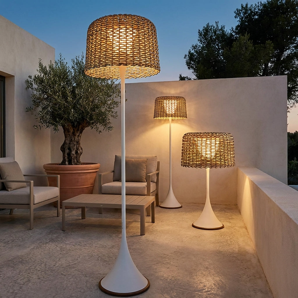 Woven Solar Outdoor Floor Lamp – lit among potted olive trees at dusk