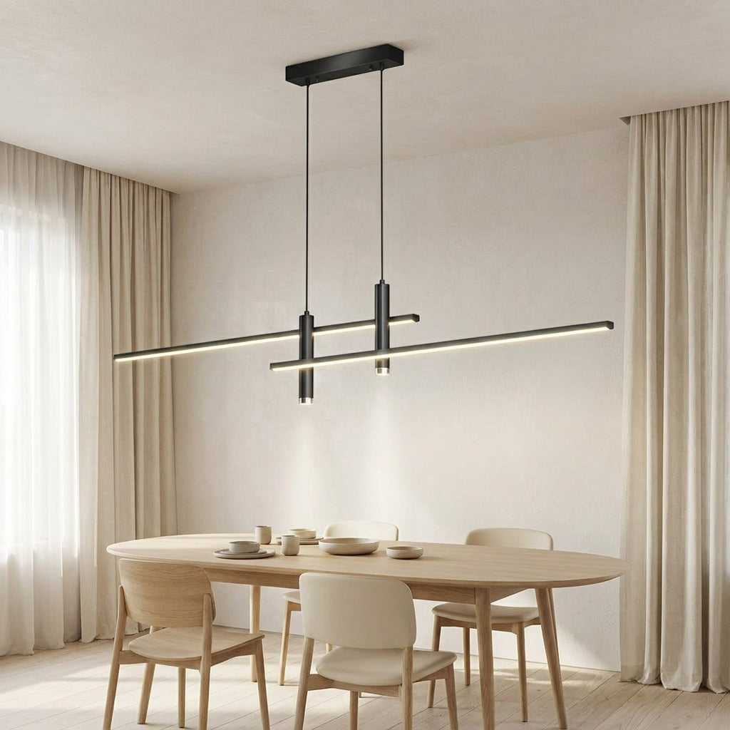 Linear LED Pendant Light – hung above an oval dining table