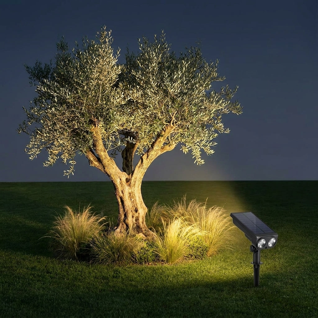 Solar Zoom Garden Spotlight – spotlight uplighting an olive tree at night