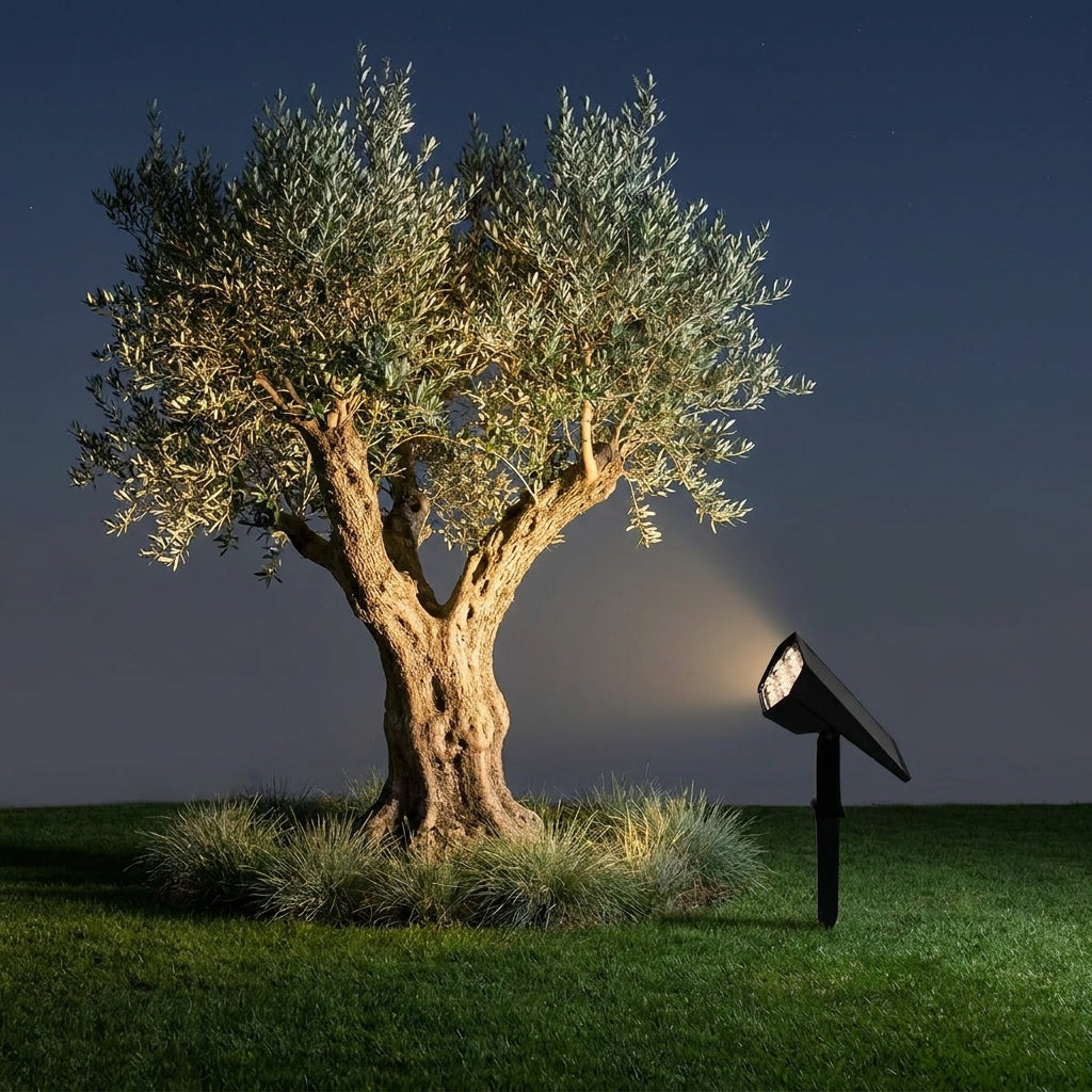 Solar LED Landscape Spotlight – uplighting an olive tree on a lawn