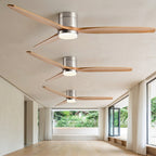 Walnut & Wood Tone Ceiling Fan with Light – three fans mounted in a bright hallway