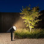 Adjustable Solar Garden Spotlight – lit beside a Japanese maple at night