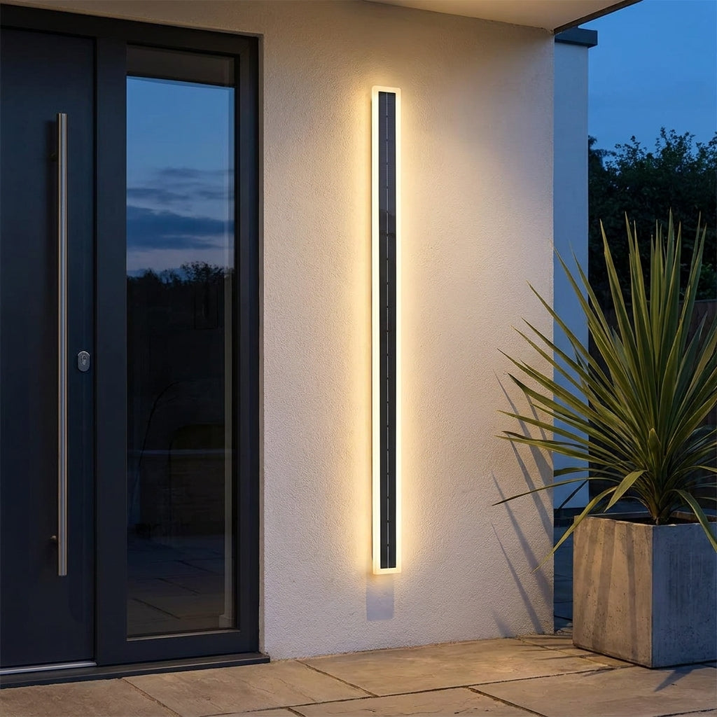 Solar LED Strip Porch Wall Light – lit beside a front door at dusk