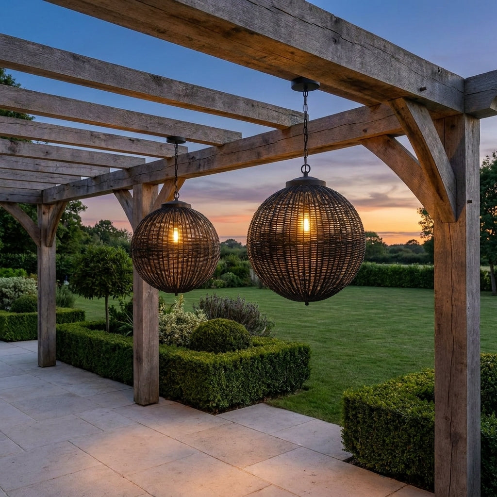 Black Rattan Outdoor Pendant Lantern – pair hanging from a pergola above a lawn