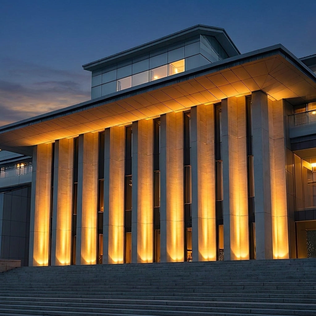 High Output Outdoor LED Spotlight – stone column uplighting on a public building