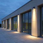 IP65 Outdoor LED Waterfall Wall Light – office building facade with wall-mounted uplights