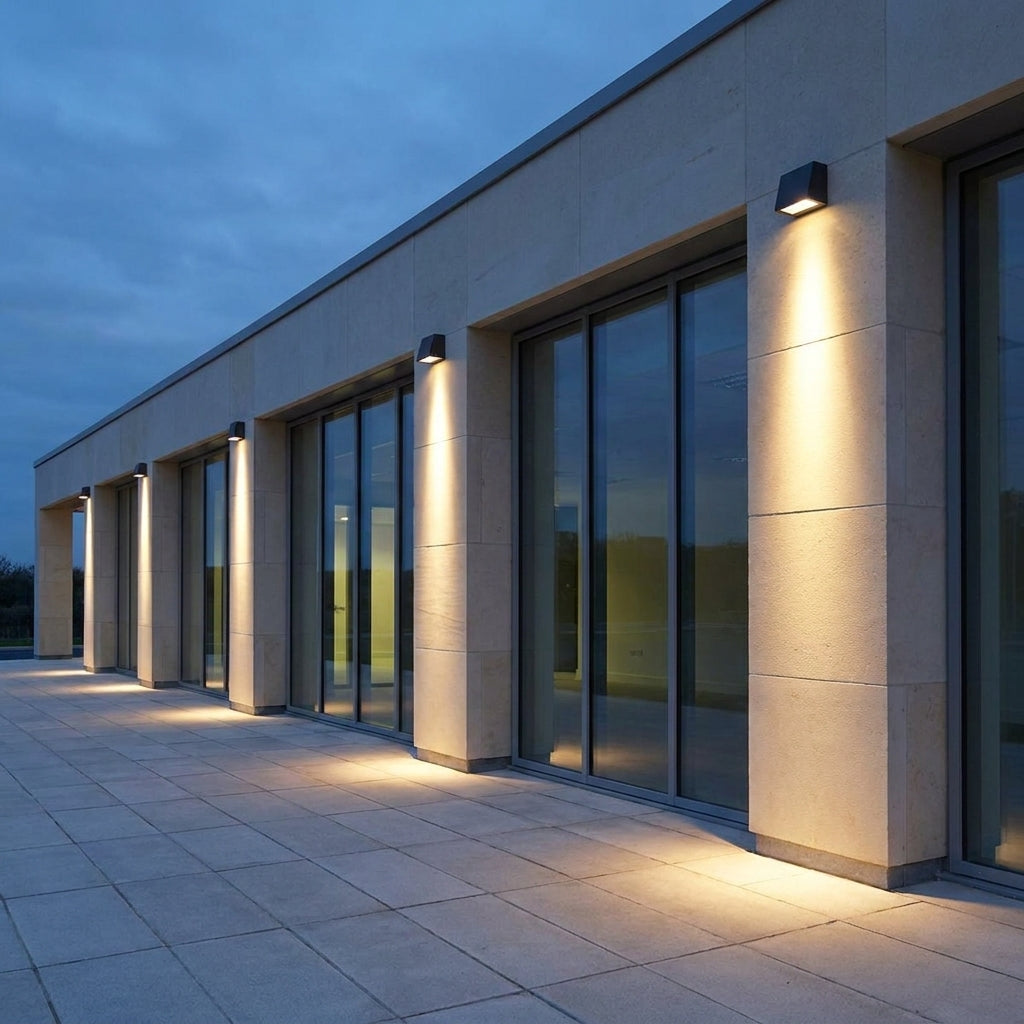 IP65 Outdoor LED Waterfall Wall Light – office building facade with wall-mounted uplights