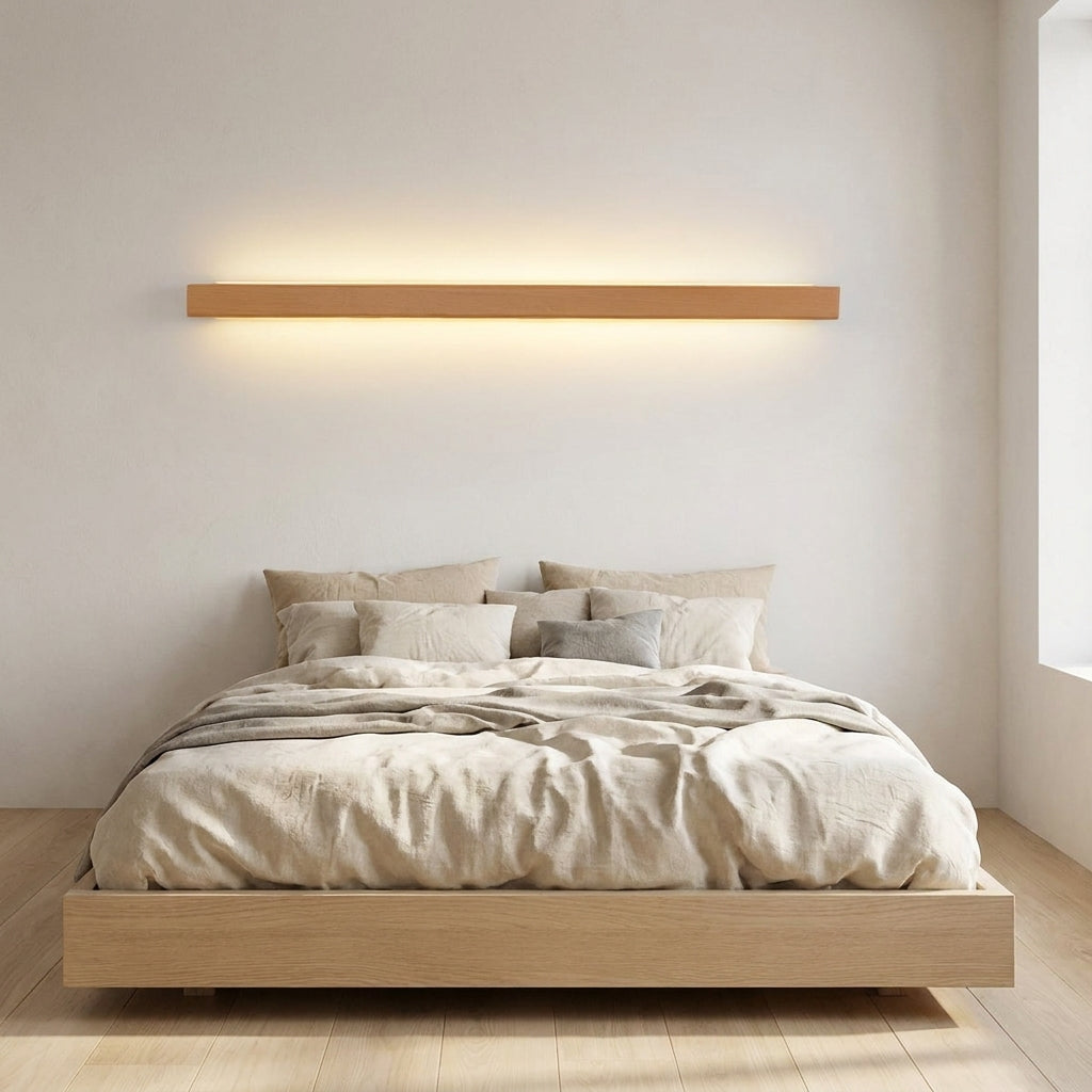 Wooden Up & Down LED Wall Light – lit above a bed, natural wood finish