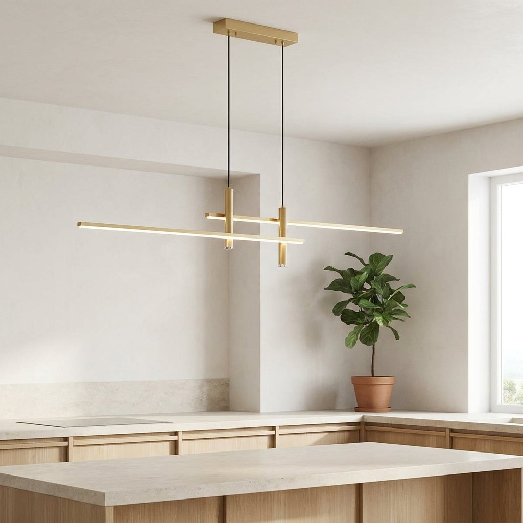 Linear LED Pendant Light – lit above a kitchen island in a modern kitchen