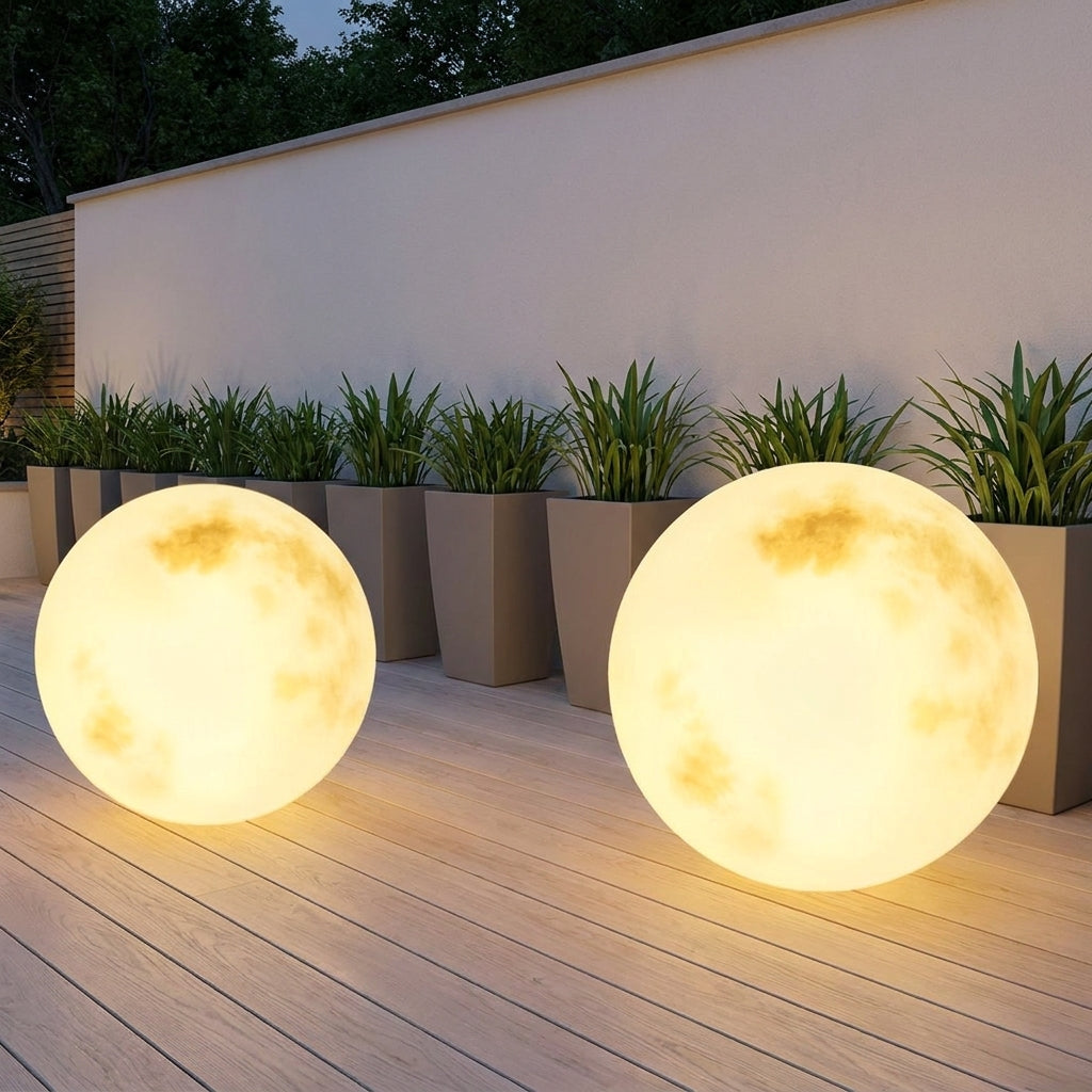 Solar Moon Ball Garden Lights – two moon lights glowing on a wooden deck