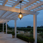 Outdoor Glass Globe Pendant Light – hanging under a white pergola on a patio