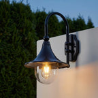 Farmhouse Horn Outdoor Wall Light – on a wall above a hedge at dusk