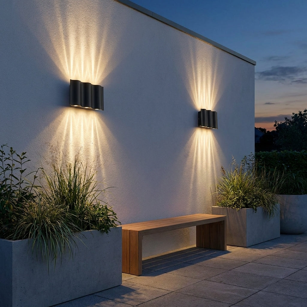Black Up & Down Outdoor Wall Light – pair up and down lit above a bench