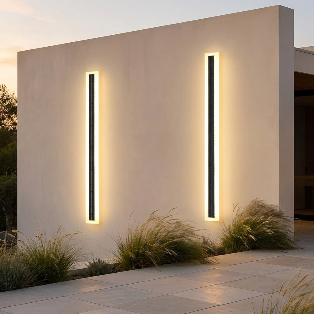 Solar LED Strip Porch Wall Light – two lights lit on an exterior wall at dusk