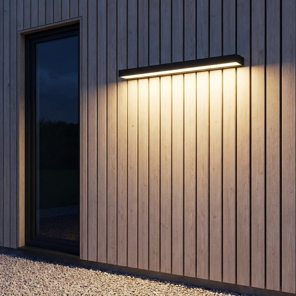 Slim Outdoor LED Wall Washer Light – mounted on timber cladding beside a window