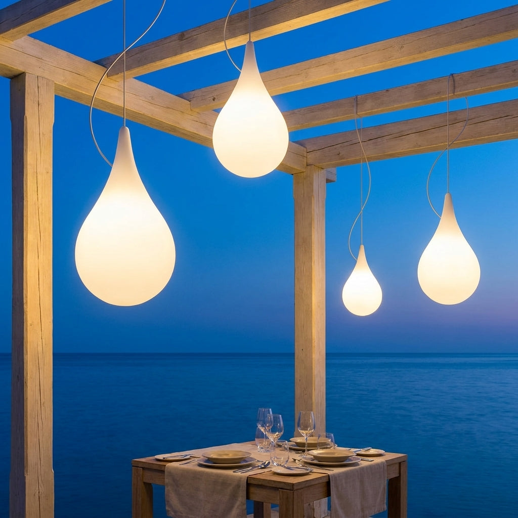 Water Drop Outdoor Pendant Light – four pendants lit above an outdoor dining table