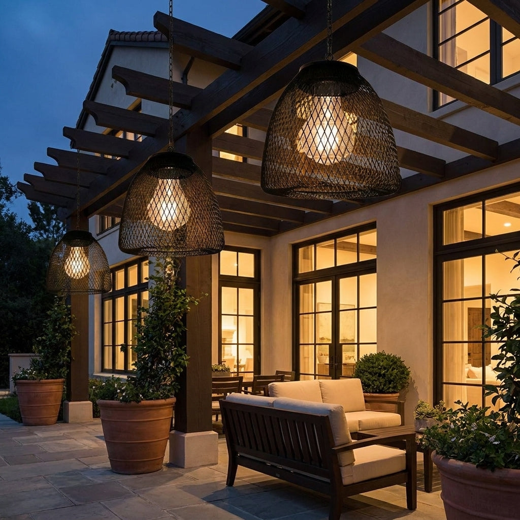 Solar Bell Outdoor Pendant Lantern – lit hanging along a patio pergola at night