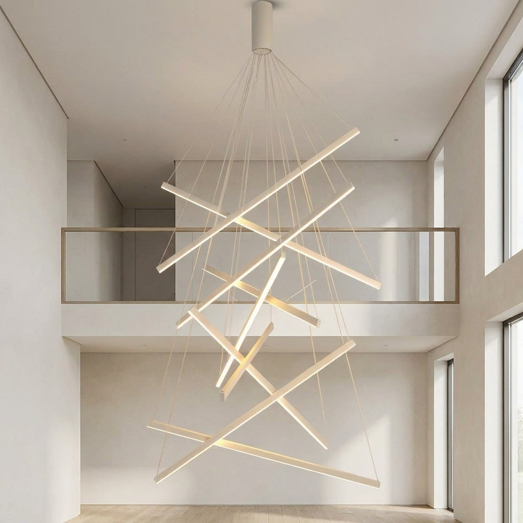 White Linear LED Chandelier – lit fixture above a mezzanine landing