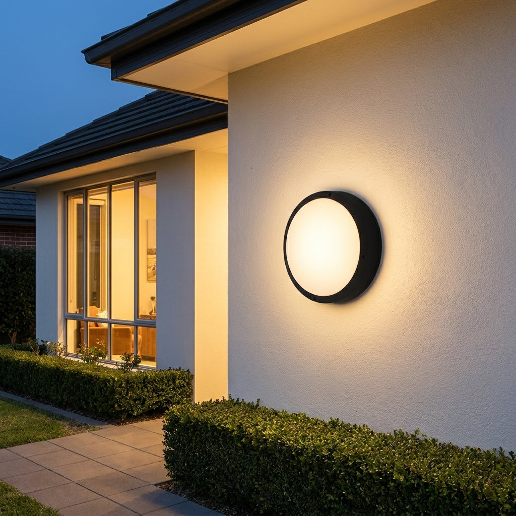 Round Outdoor LED Porch Wall Light – mounted beside a window at dusk