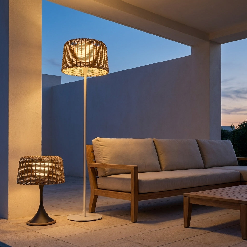 Woven Solar Outdoor Floor Lamp – lit beside a wooden outdoor sofa at dusk