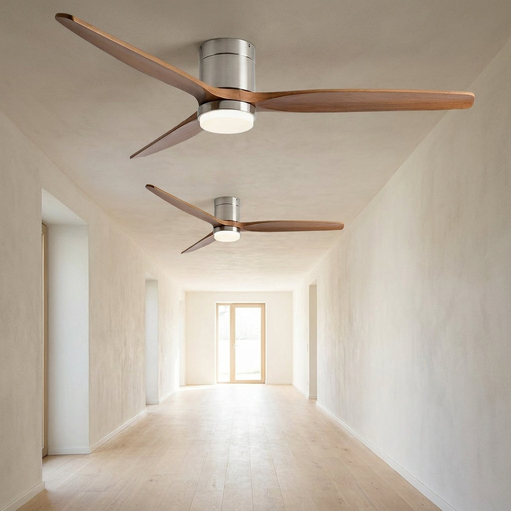 Walnut & Wood Tone Ceiling Fan with Light – two fans mounted along a bright hallway