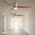 Walnut & Wood Tone Ceiling Fan with Light – two fans mounted along a bright hallway