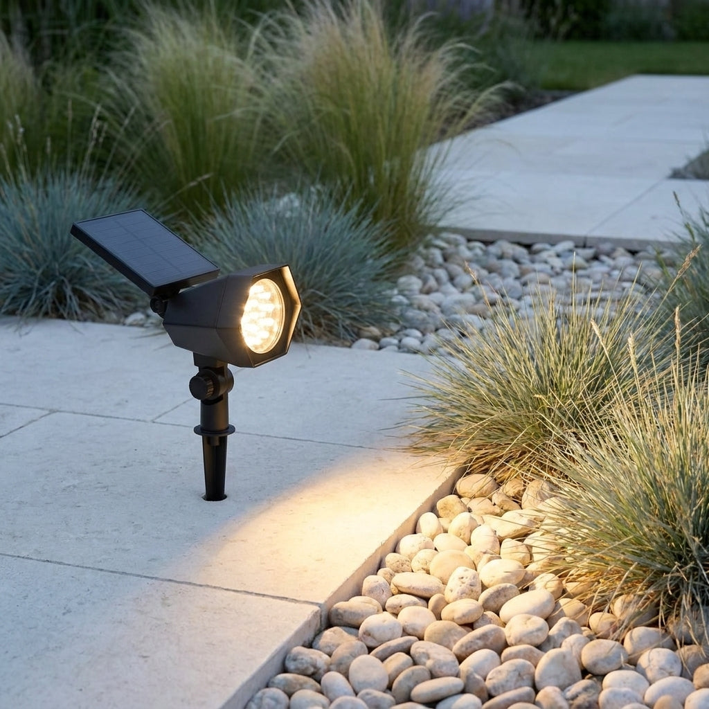Solar LED Landscape Spotlight – staked in a flower bed beside gravel, lit