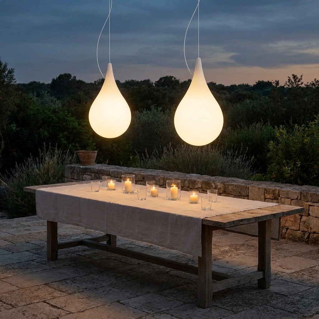 Water Drop Outdoor Pendant Light – two pendants lit above a candlelit dining table