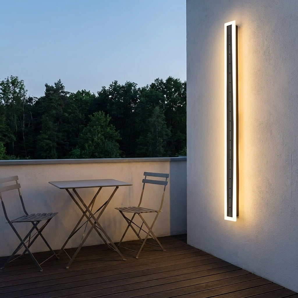Solar LED Strip Porch Wall Light – lit above a balcony bistro table at dusk