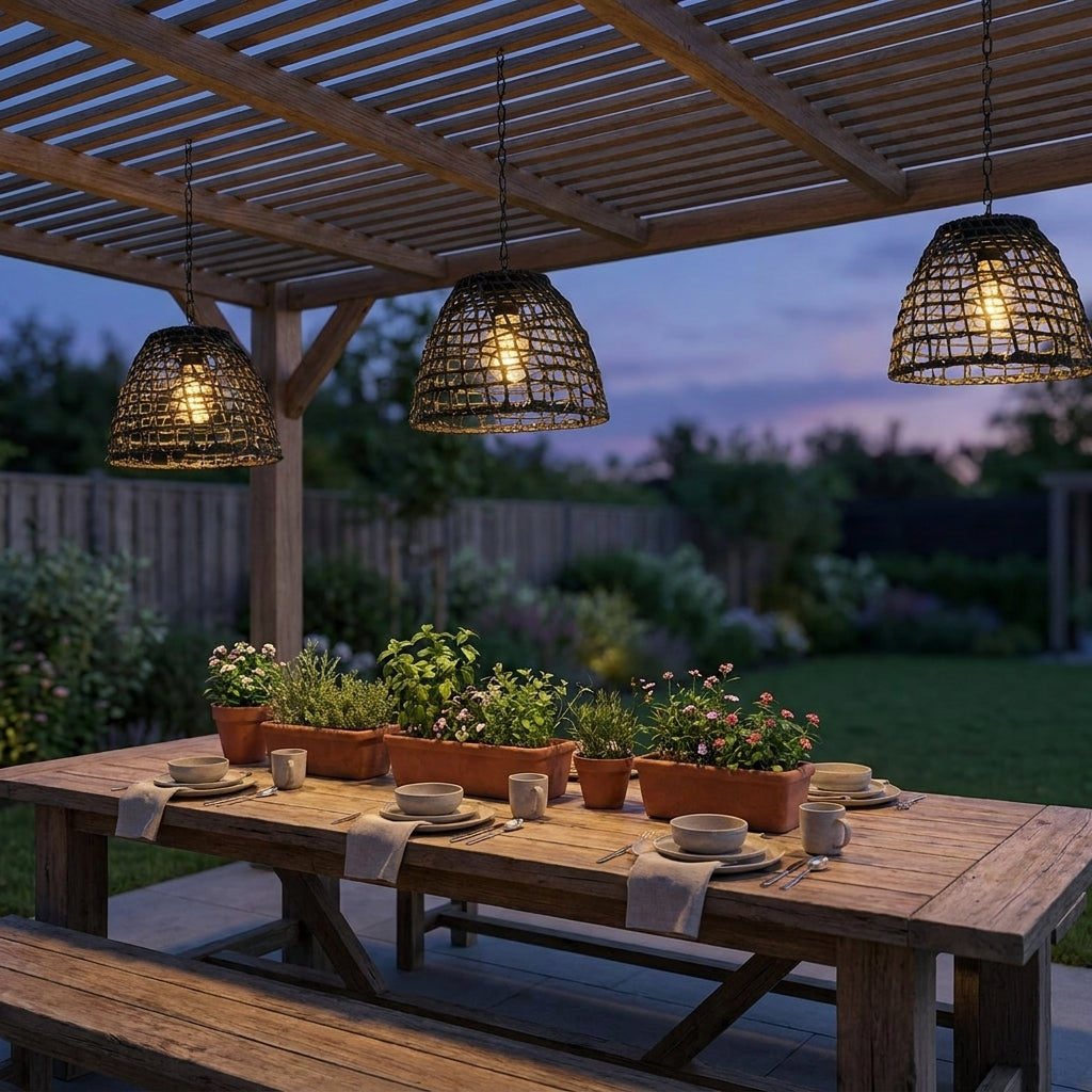 Solar Bell Outdoor Pendant Lantern – lit hanging over an outdoor dining table