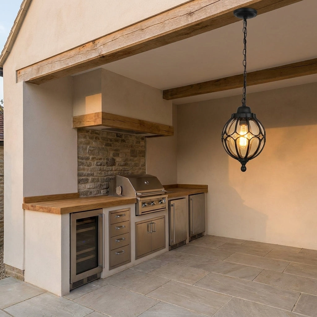 Outdoor Glass Globe Pendant Light – hanging in an outdoor kitchen area
