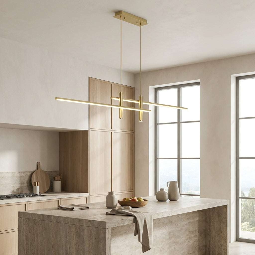 Linear LED Pendant Light – lit above a stone kitchen island