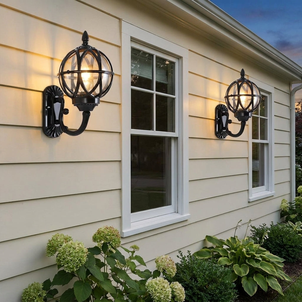 Bird's Nest Outdoor Wall Lantern – pair flanking windows on a cream weatherboard house