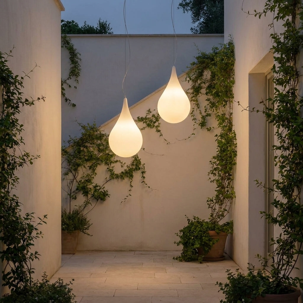 Water Drop Outdoor Pendant Light – two pendants lit in a plant-filled courtyard